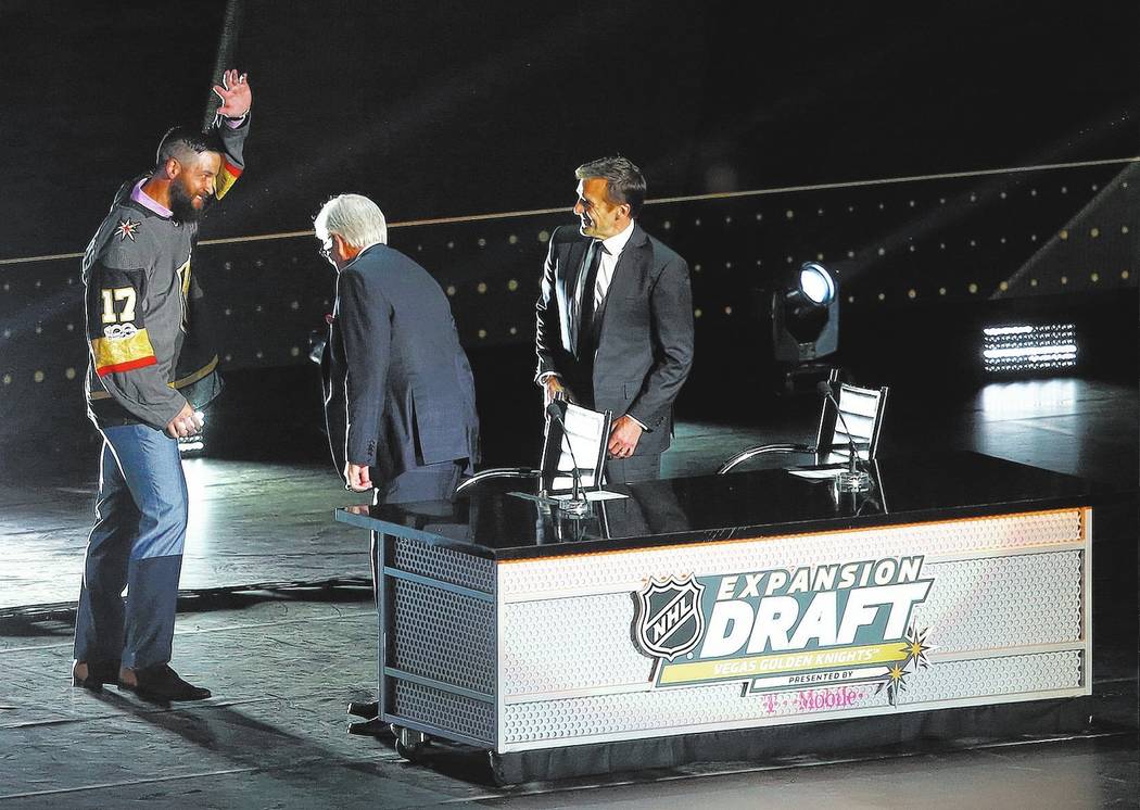 Defenseman Deryk Engelland greets Vegas Golden Knights owner Bill Foley after being drafted by the Knights in the NHL Expansion Draft at T-Mobile Arena on Wednesday, June 21, 2017 in Las Vegas. Ch ...