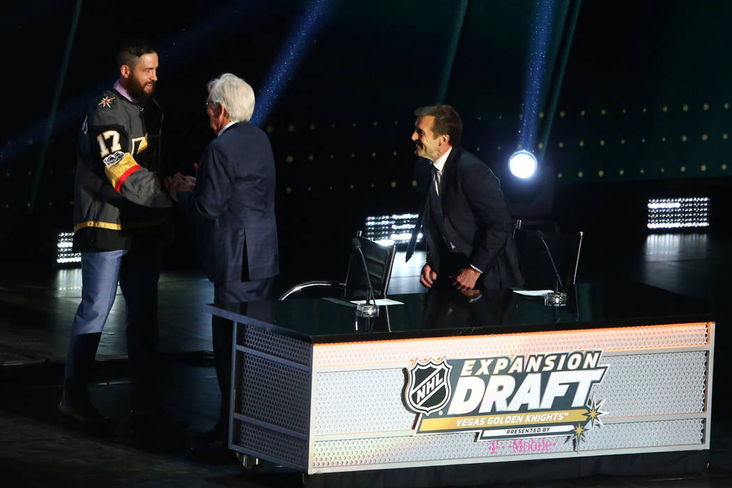 Defenseman Deryk Engelland is congratulated by Vegas Golden Knights owner Bill Foley after being drafted by the Knights in the NHL Expansion Draft at T-Mobile Arena on Wednesday, June 21, 2017 in ...