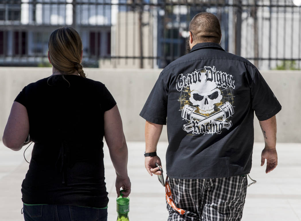 Supporters of arrested Vagos Outlaw Motorcycle Gang members walk out of the Lloyd George U.S. Courthouse in downtown Las Vegas on Friday, June 16, 2017. Patrick Connolly Las Vegas Review-Journal ...