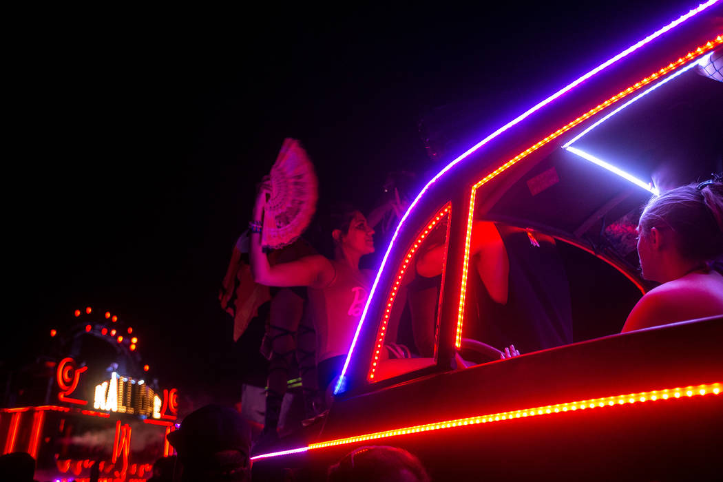 Fans gather for a surprise set by Kaskade at the Kalliope art car on the last night of Electric Daisy Carnival at Las Vegas Motor Speedway on Monday, June 19, 2017 in Las Vegas. Bridget Bennett La ...