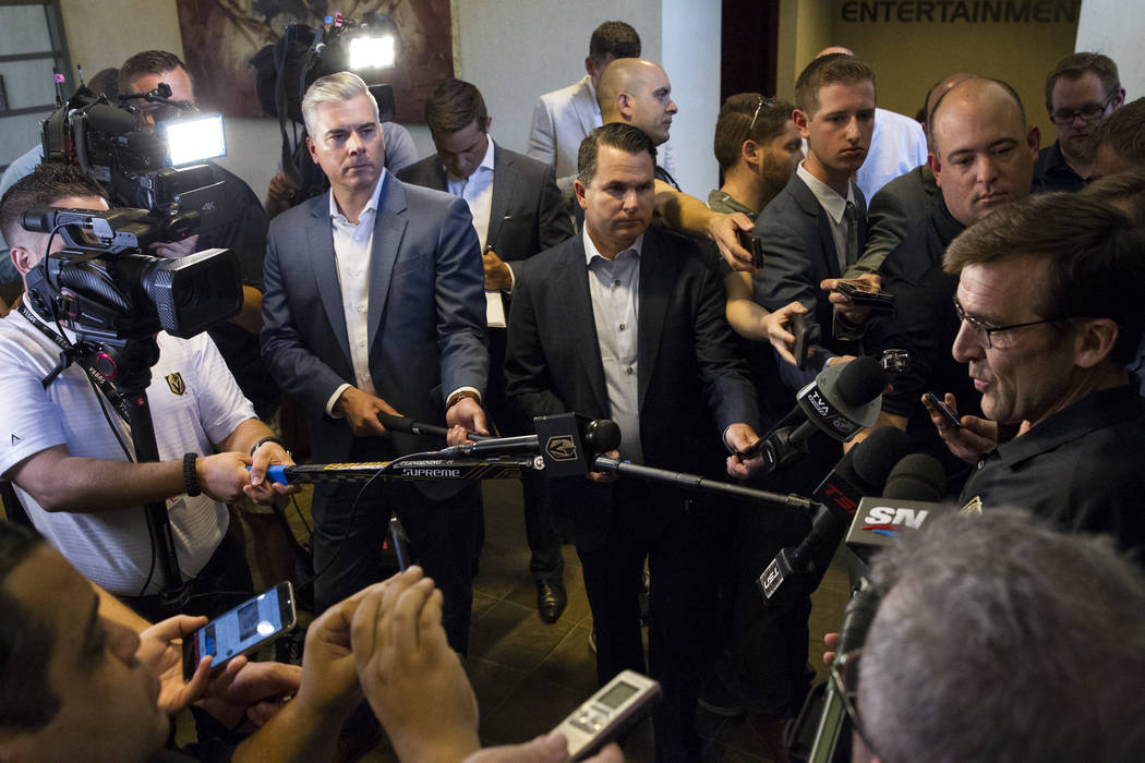 Vegas Golden Knights George McPhee, right, during a press conference at the team's headquarters in Las Vegas on Tuesday, June 20, 2017. Erik Verduzco/Las Vegas Review-Journal