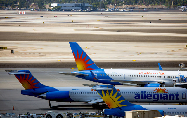 Allegiant Airlines planes sit on the tarmac at McCarran International Airport on Tuesday, Oct. 25, 2016. Jeff Scheid/Las Vegas Review-Journal Follow @jlscheid