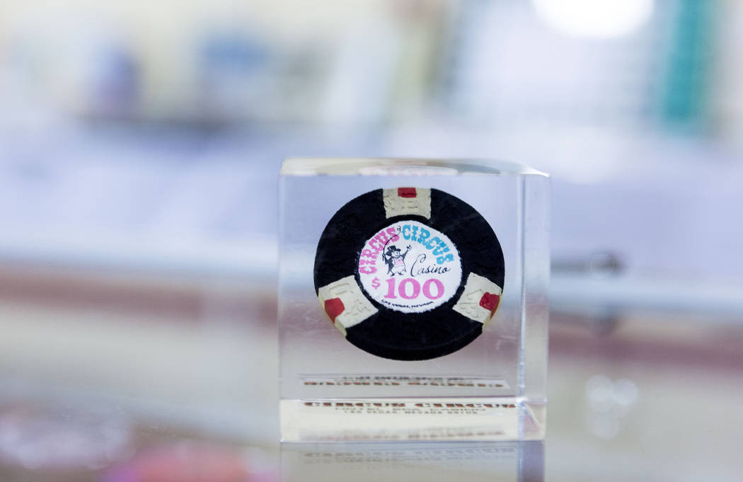 A first issue Circus Circus Ring Master 1968 series chip at   the 25th annual Casino Collectibles Convention at South Point hotel-casino  in Las Vegas, Thursday June 22, 2017. Elizabeth Brumley La ...