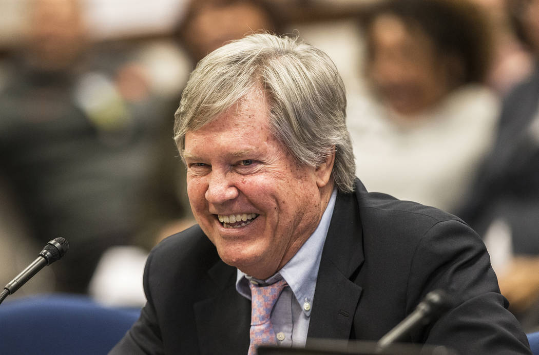 In this Feb. 8, 2017 file photo, Sen. Tick Segerblom, D-Las Vegas, shares a laugh with members of the Senate Government Affairs Committee during a meeting to discuss a resolution to replace Columb ...