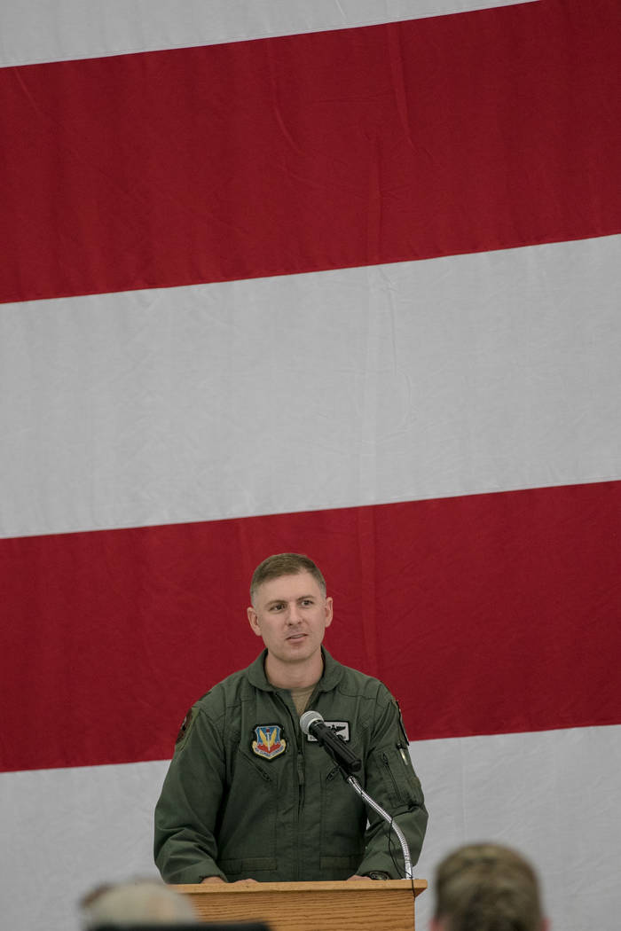 Lt. Col. Michael Blauser gives a brief history of fighter jets at Nellis Air Force Base during an activation ceremony of an F-35A Lightning II aircraft on Tuesday, June 21, 2017, in Las Vegas. Mor ...