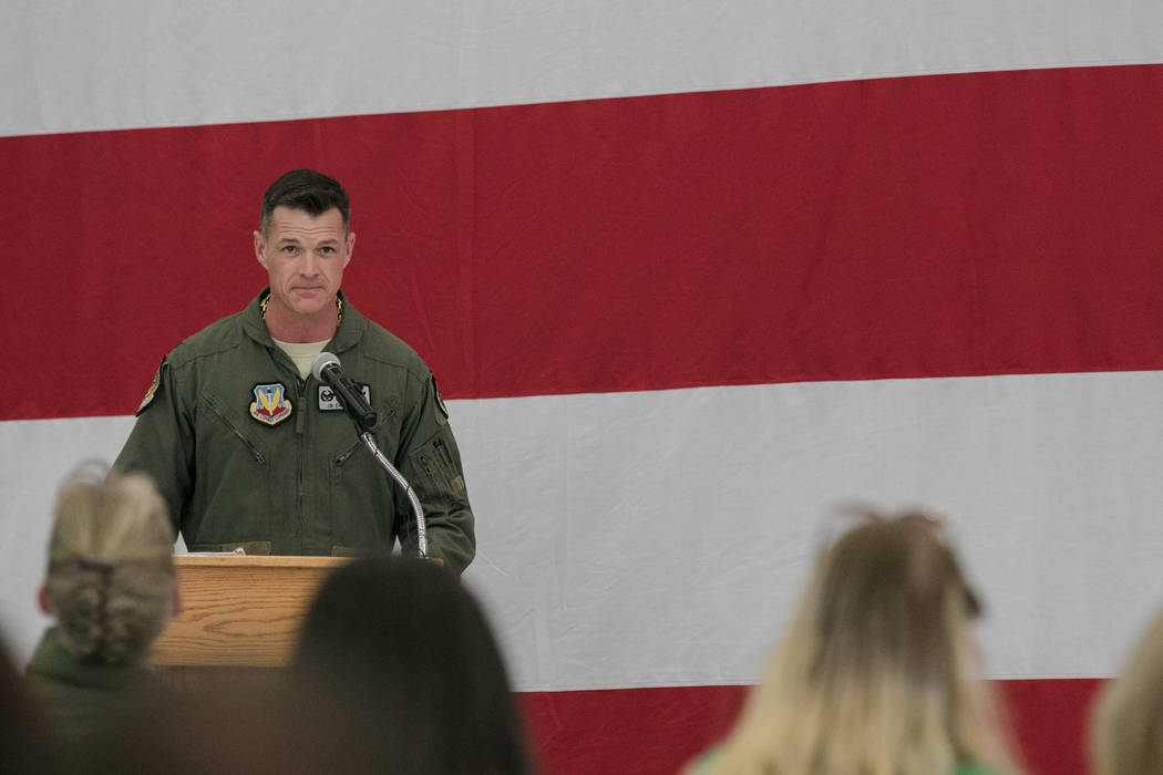 Col. Michael R. Drowley gives brief remarks at  Nellis Air Force Base for an activation ceremony of an F-35A Lightning II aircraft on Tuesday, June 21, 2017, in Las Vegas. Morgan Lieberman Las Veg ...