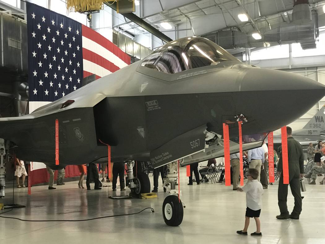 An F-35A Lightning II joint strike fighter jet inside a hangar Tuesday, June 20, 2017, at Nellis Air Force Base. Keith Rogers Las Vegas Review-Journal