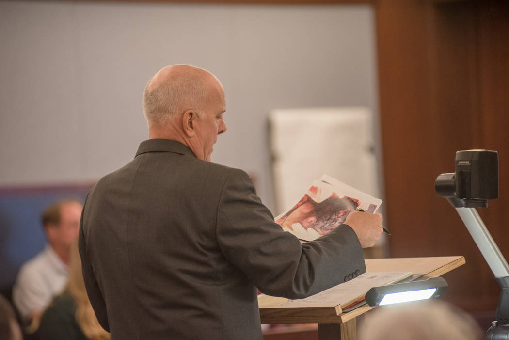 Prosecutor David Stanton presents photographs in court during the Thomas Randolph murder trial on Wednesday, June 21, 2017, at Regional Justice Center in Las Vegas. Morgan Lieberman Las Vegas Revi ...