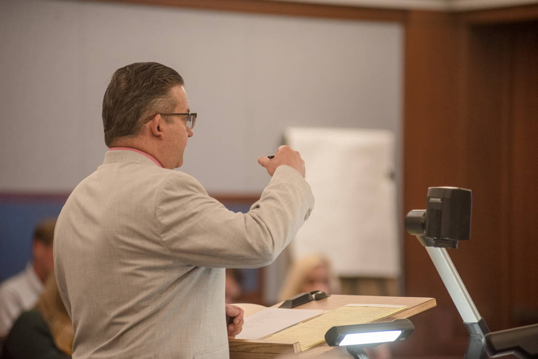 Thomas Randolph's attorney, Clark Patrick, asks Dr. Lary Simms a series of questions during trial on Wednesday, June 21, 2017, at Regional Justice Center in Las Vegas. Morgan Lieberman Las Vegas R ...