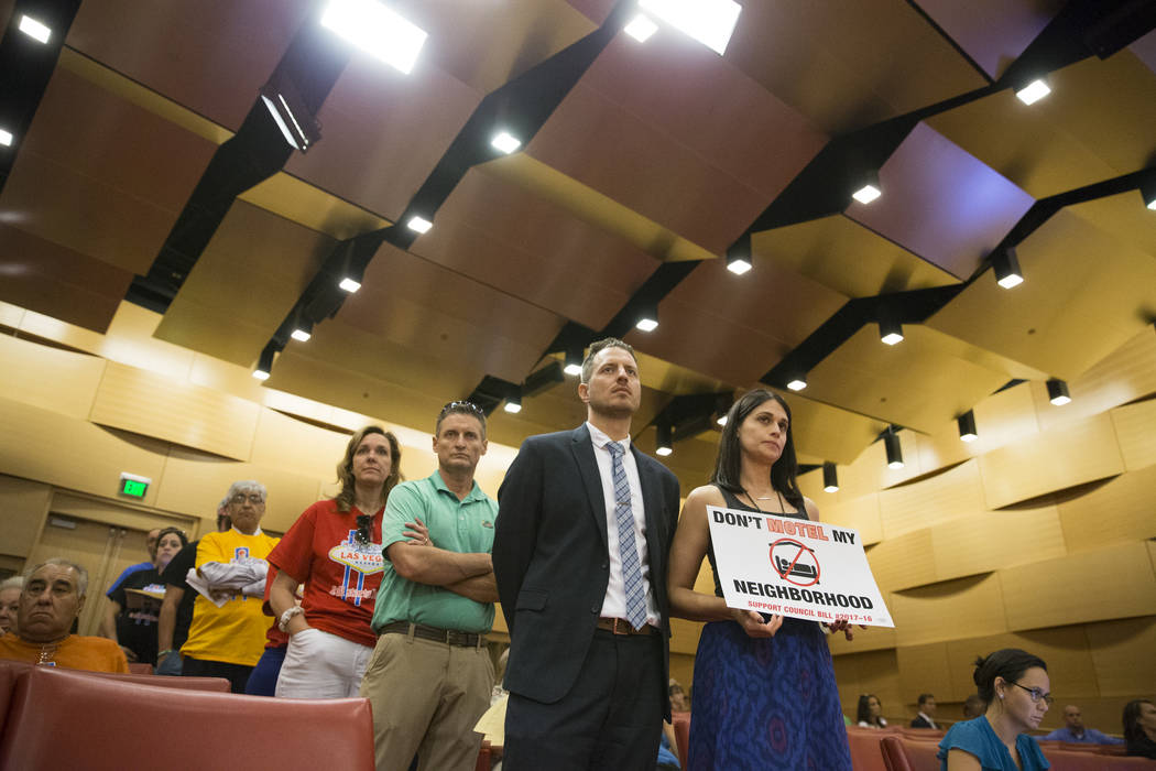 Local resident Alison Brasier, right, waits to speak during public comment regarding short-term rentals during a city council meeting at Las Vegas City Hall on Wednesday, June 21, 2017, in Las Veg ...