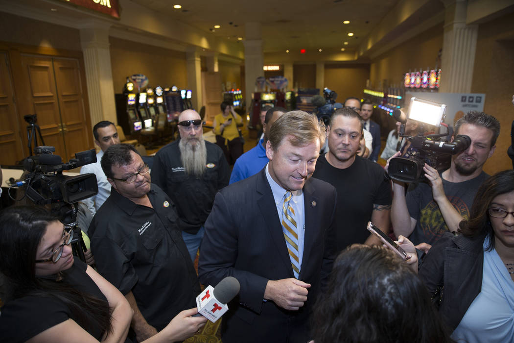 U.S. Sen. Dean Heller, R-Nev., during the Latin Chamber of Commerce monthly luncheon to discuss infrastructure projects at the Suncoast, May 12, 2017 in Las Vegas. (Erik Verduzco/Las Vegas Review- ...