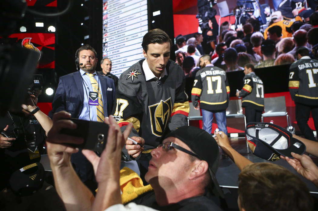 Vegas Golden Knights' Marc-Andre Fleury signs autographs following a roundtable after the NHL Awards and expansion draft at the T-Mobile Arena in Las Vegas on Wednesday, June 21, 2017. Chase Steve ...