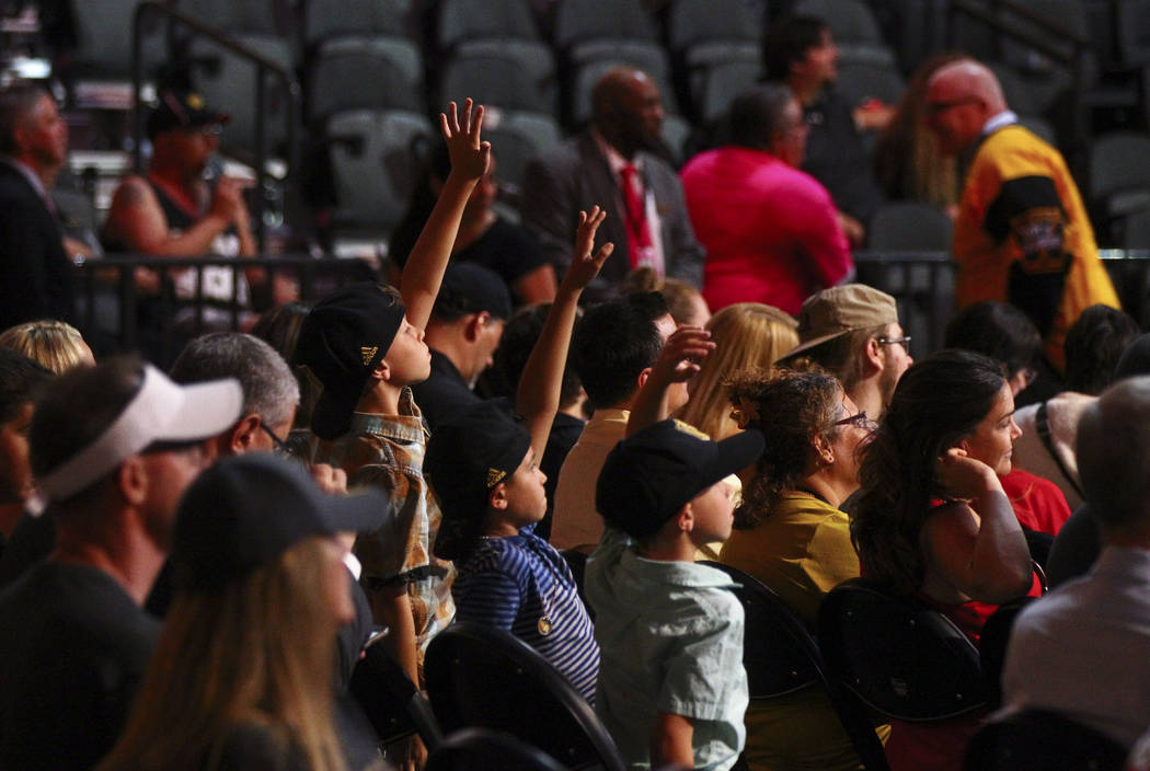 Young fans raise their hands to ask a question during a roundtable with Vegas Golden Knights players following the NHL Awards and expansion draft at the T-Mobile Arena in Las Vegas on Wednesday, J ...