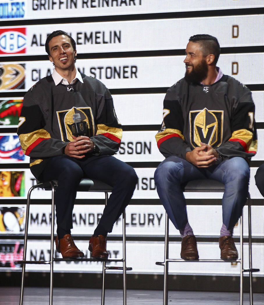 Vegas Golden Knights' Marc-Andre Fleury, left, and Deryk Engelland during a roundtable following the NHL Awards and expansion draft at the T-Mobile Arena in Las Vegas on Wednesday, June 21, 2017.  ...