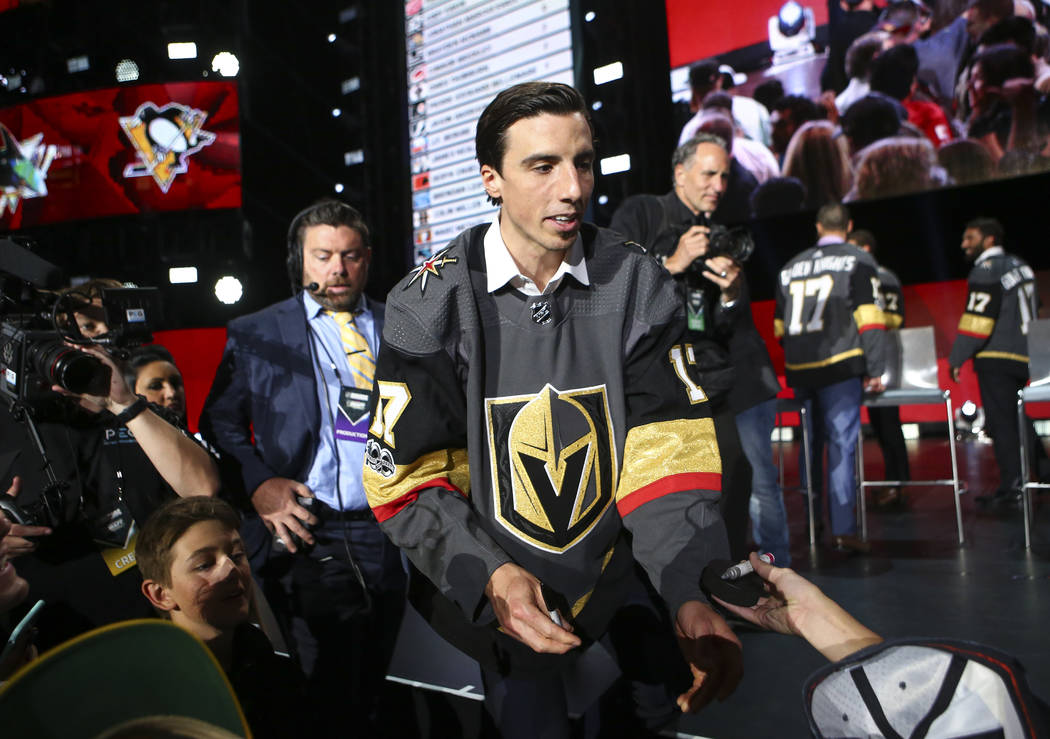 Vegas Golden Knights' Marc-Andre Fleury signs autographs following a roundtable after the NHL Awards and expansion draft at the T-Mobile Arena in Las Vegas on Wednesday, June 21, 2017. Chase Steve ...