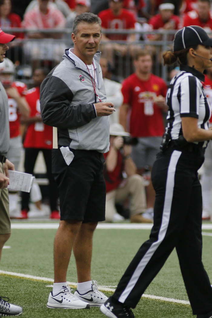 Ohio State head coach Urban Meyer watches their NCAA college spring football game Saturday, April 15, 2017, in Columbus, Ohio. (AP Photo/Jay LaPrete)