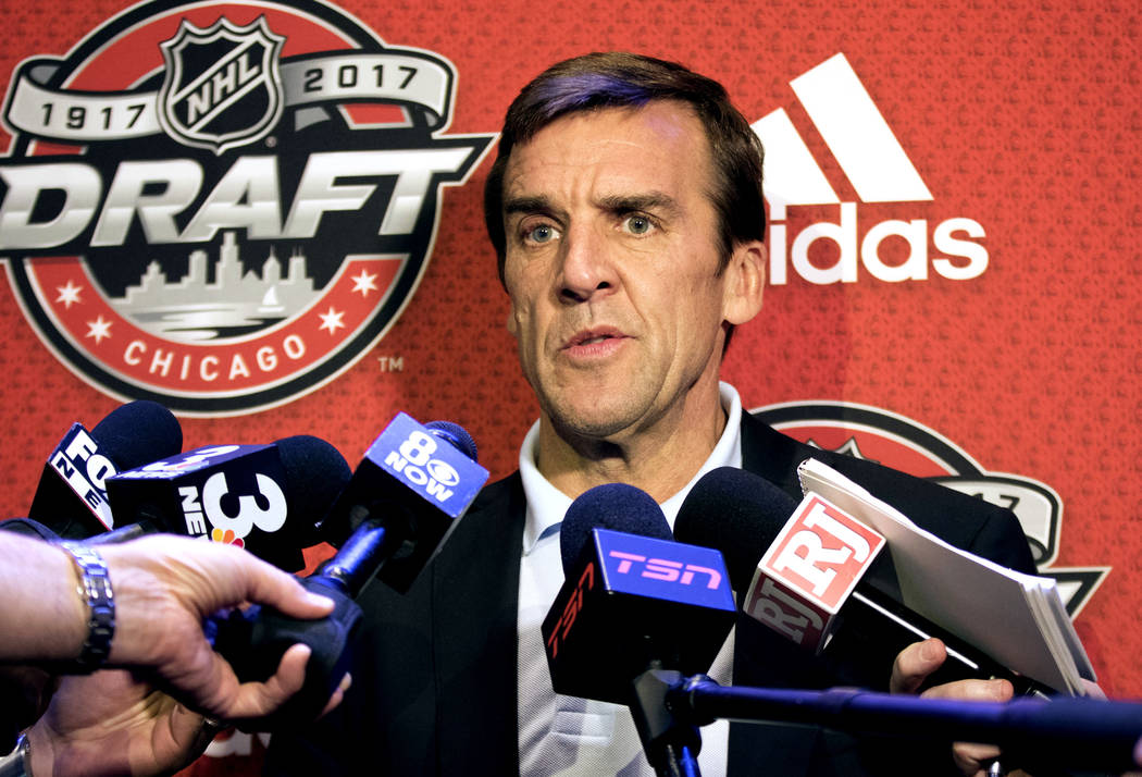 Vegas Golden Knights general manager George McPhee replies to media questions at the Chicago Marriott Hotel on Thursday, June 22, 2017 ahead of the NHL Entry Draft. Heidi Fang Las Vegas Review-Jou ...