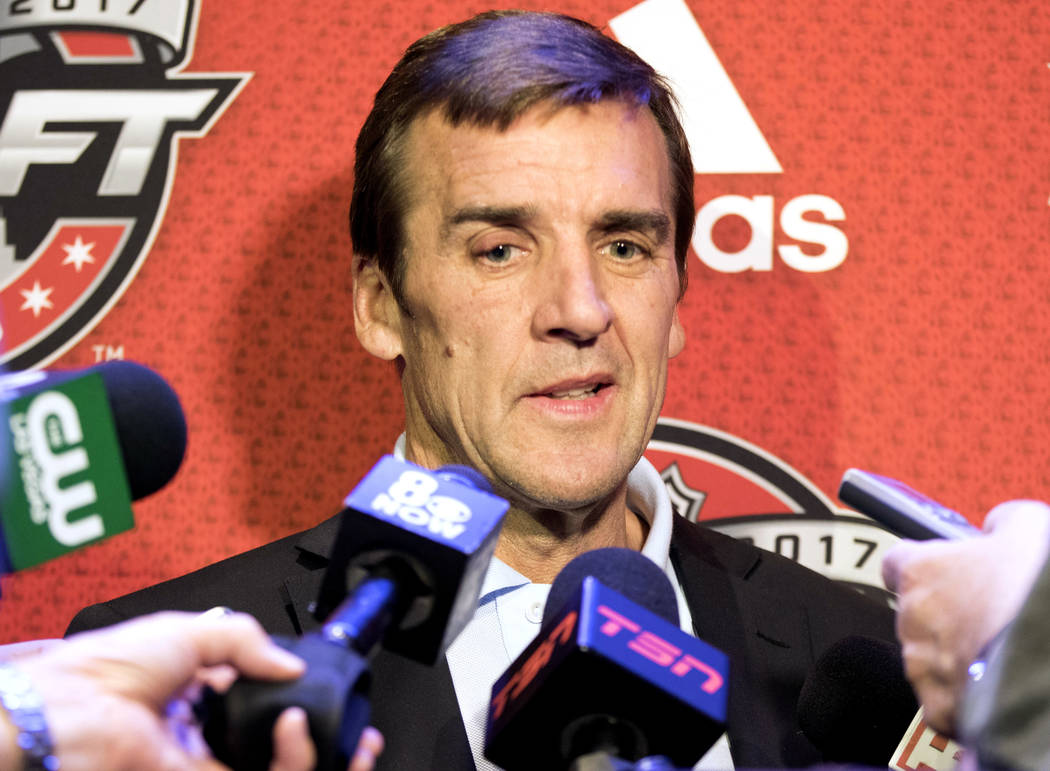 Vegas Golden Knights general manager George McPhee listens to questions in a media scrum ahead of the 2017 NHL Entry Draft at the Chicago Marriott Hotel on Thursday, June 22, 2017. Heidi Fang Las  ...