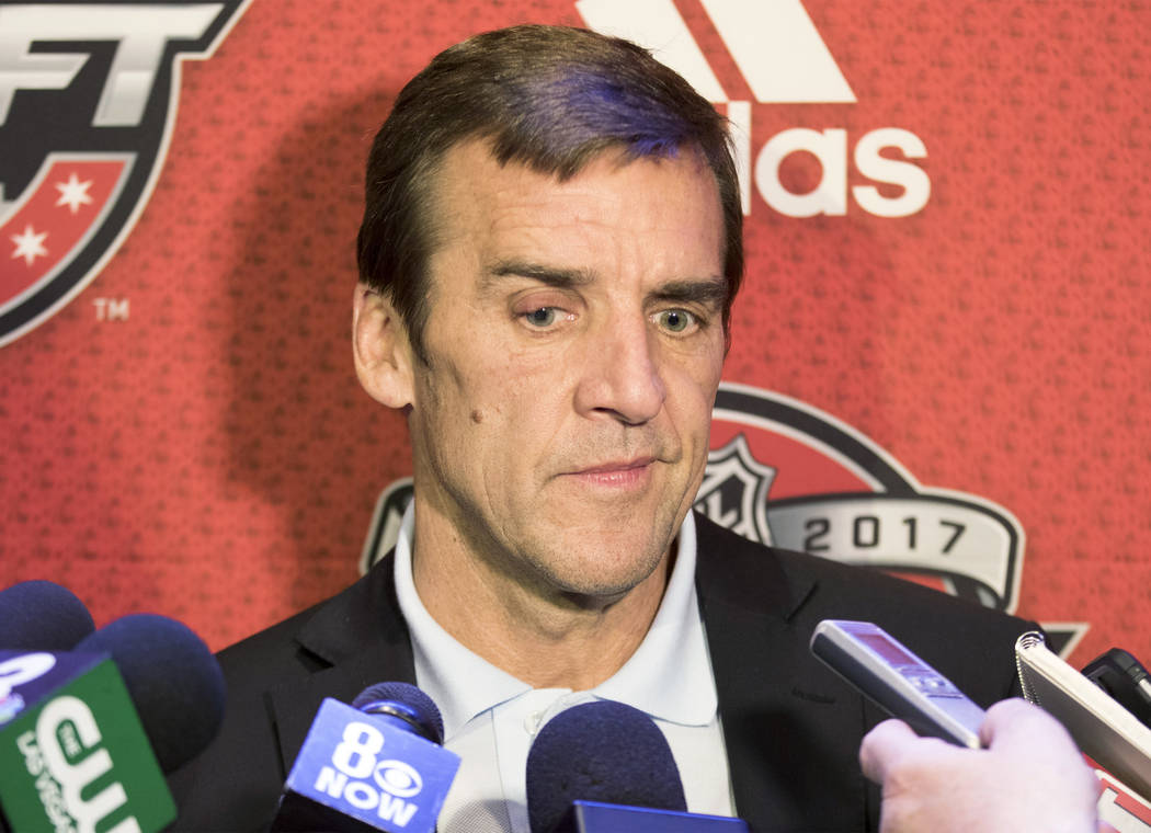 Vegas Golden Knights general manager George McPhee takes questions at a media scrum at the Chicago Marriott Hotel on Thursday, June 22, 2017 ahead of the NHL Entry Draft. Heidi Fang Las Vegas Revi ...