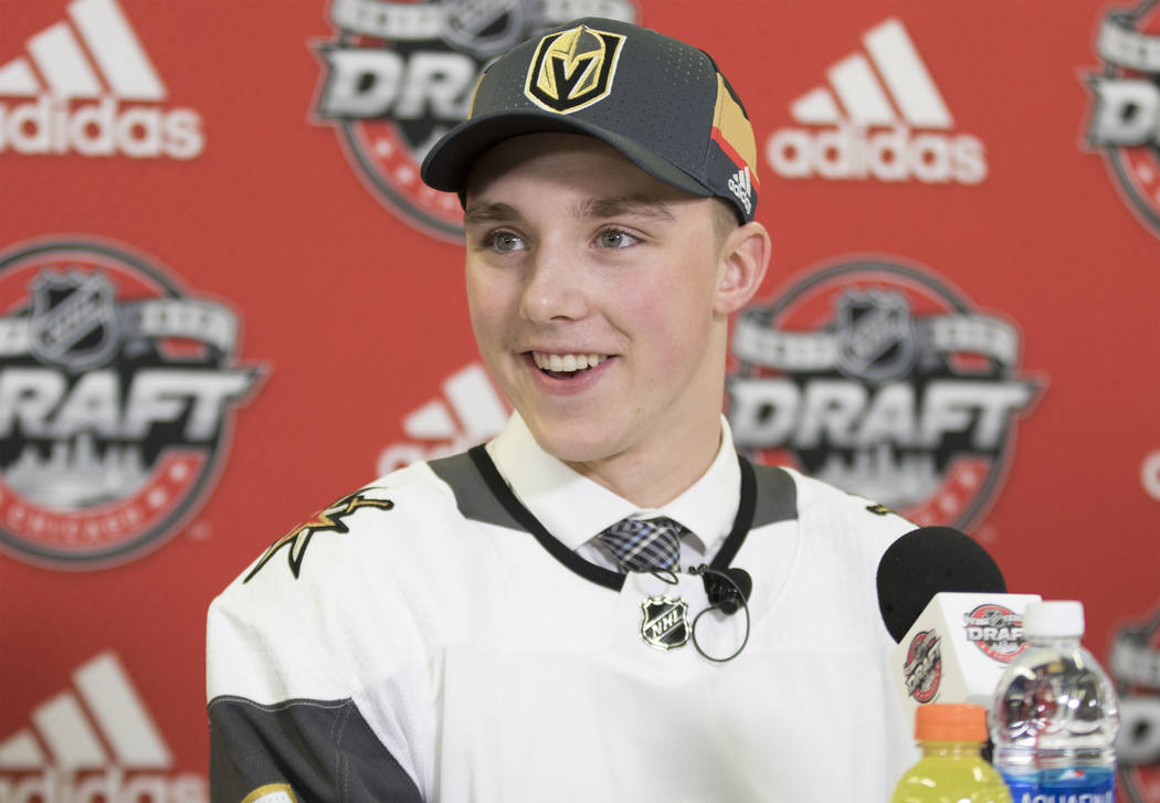Jake Leschyshyn, who was selected 62nd overall in the 2017 NHL Entry Draft by the Vegas Golden Knights, takes questions from reporters at the United Center in Chicago, Saturday, June 24, 2017. Hei ...