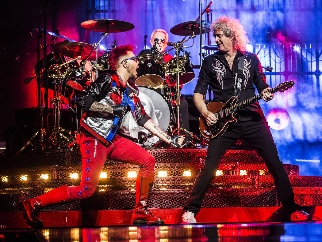 Adam Lambert, left, and Queen guitarist Brian May perform on Saturday, June 24, 2017, at T-Mobile Arena, in Las Vegas. Benjamin Hager Las Vegas Review-Journal @benjaminhphoto