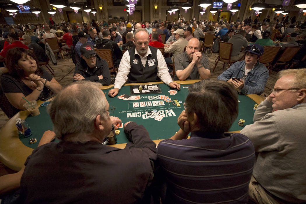 A dealer works a table during the World Series of Poker on Monday, June 26, 2017, at the Rio hotel-casino, in Las Vegas. (Richard Brian/Las Vegas Review-Journal) @vegasphotograph