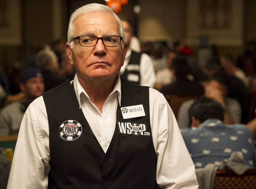 Poker dealer Michael Garabedian waits for a payout during the World Series of Poker on Monday, June 26, 2017, at the Rio hotel-casino, in Las Vegas. (Richard Brian/Las Vegas Review-Journal) @vegas ...