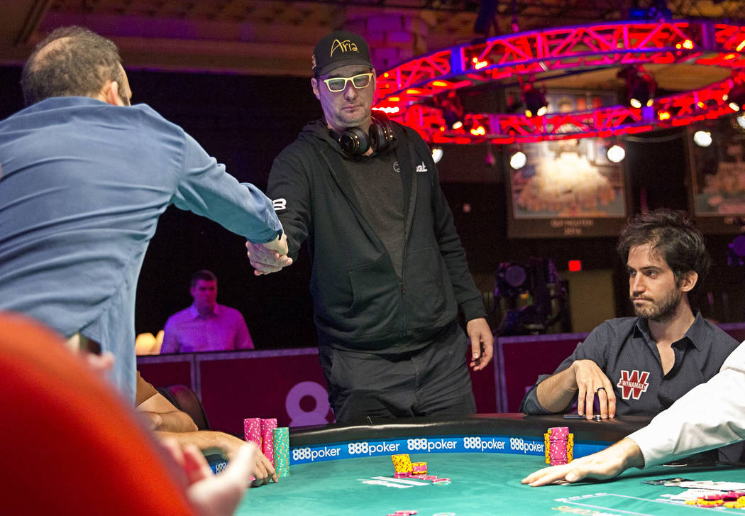 Phil Hellmuth shakes hands with a fellow player after losing his chips during the World Series of Poker on Monday, June 26, 2017, at the Rio hotel-casino, in Las Vegas. Richard Brian Las Vegas Rev ...