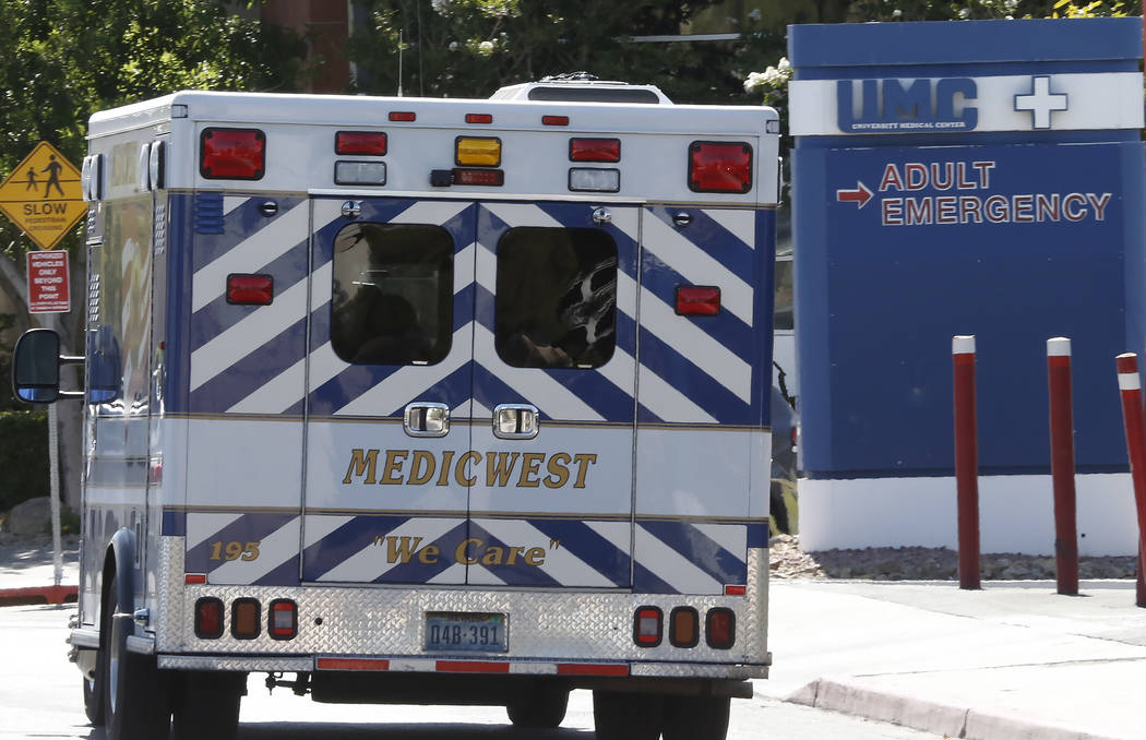 An ambulance arrives at University Medical Center in Las Vegas on Tuesday, June 27, 2017. Bizuayehu Tesfaye/Las Vegas Review-Journal @bizutesfaye