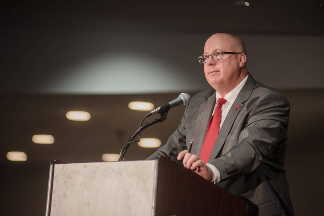 Vince Alberta, Chief Marketing Officer & Vice President of Brand Integration, addresses the logo unveiling at the UNLV Thomas & Mack Center on Wednesday, June 28. 2017, in Las Vegas. Morga ...