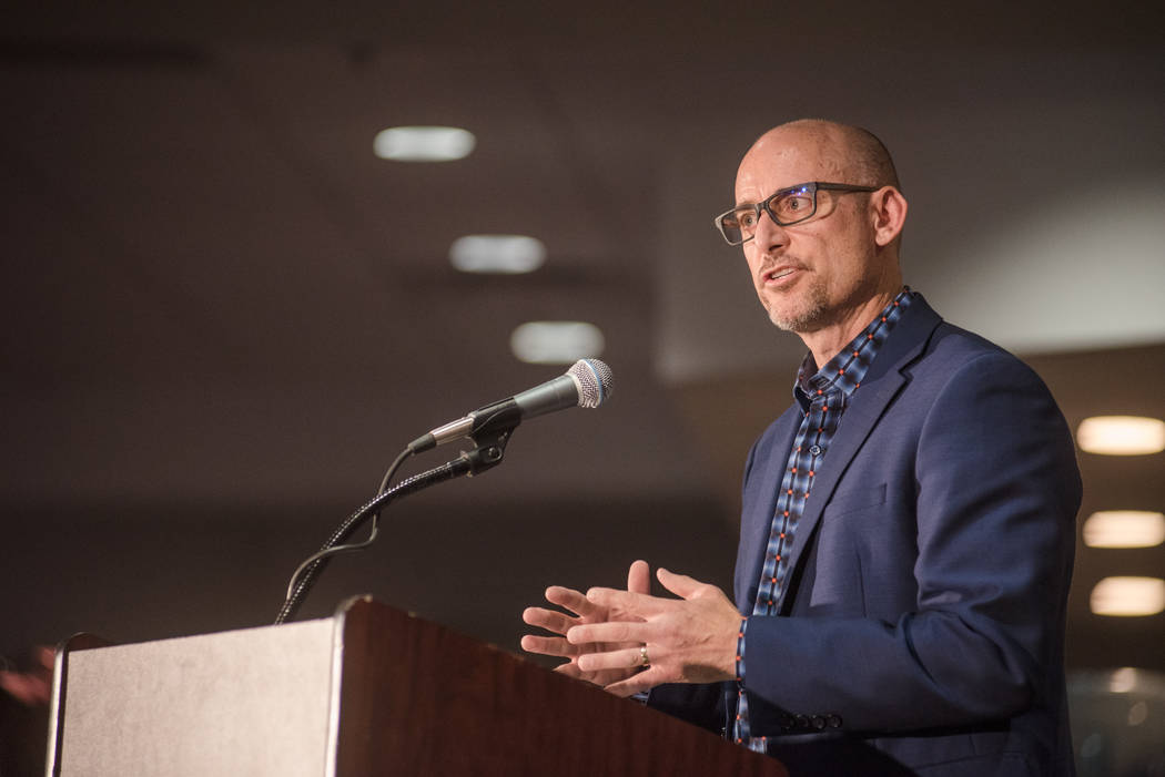 Dan Price, President of Adrenalin Inc., discusses the design process of the new UNLV logo at the UNLV Thomas & Mack Center on Wednesday, June 28. 2017, in Las Vegas. Morgan Lieberman Las Vegas ...