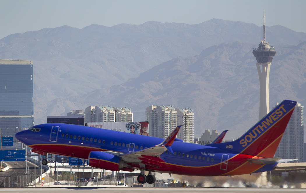 A Southwest Airlines jetliner departs from McCarran International Airport in Las Vegas on Wednesday, June 28, 2017. Richard Brian Las Vegas Review-Journal @vegasphotograph