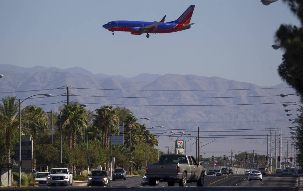 A Southwest Airlines jetliner makes its approach to McCarran International Airport in Las Vegas on Wednesday, June 28, 2017. Richard Brian Las Vegas Review-Journal @vegasphotograph
