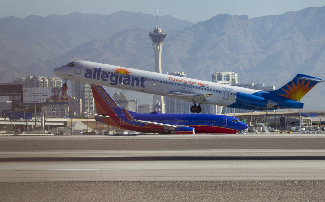 An Allegiant Air jetliner departs from McCarran International Airport in Las Vegas on Wednesday, June 28, 2017. Richard Brian Las Vegas Review-Journal @vegasphotograph