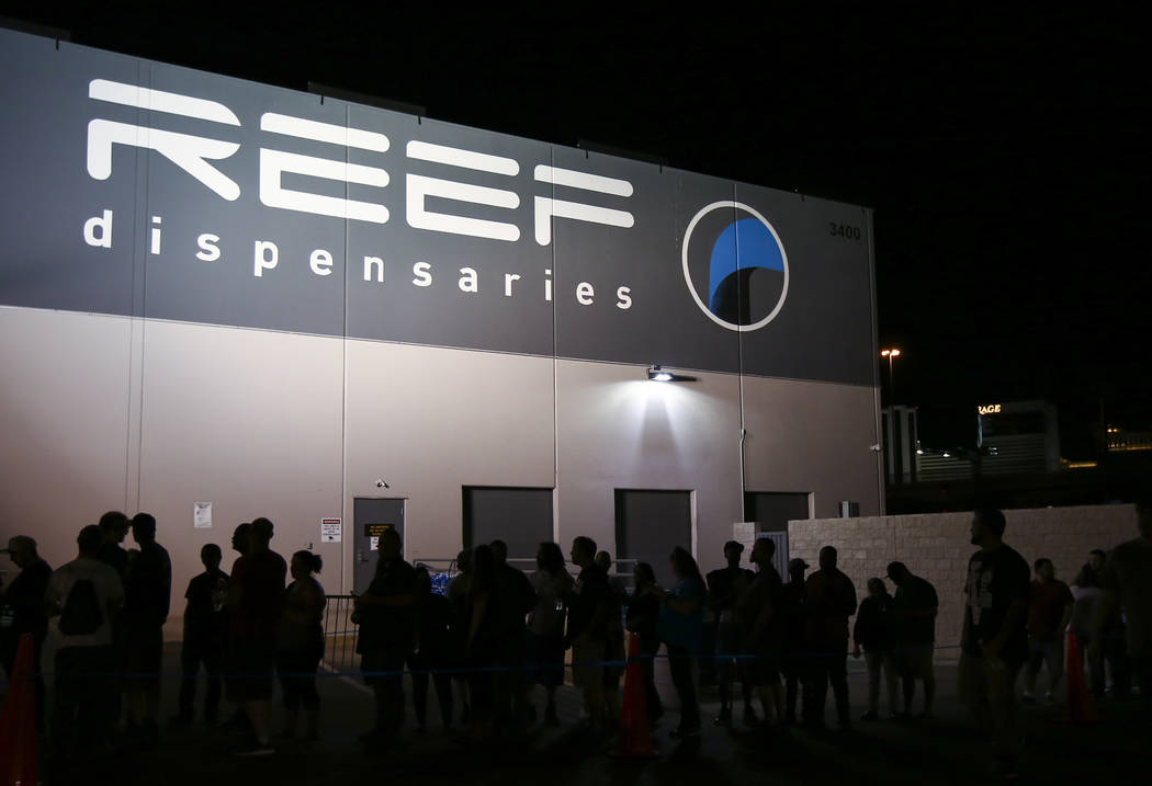 Customers line up to be some of the first to legally purchase recreational marijuana at Reef Dispensaries in Las Vegas on Friday, June 30, 2017. Chase Stevens Las Vegas Review-Journal @csstevensphoto