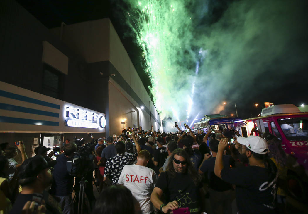 Fireworks go off as customers line up to be some of the first people to legally purchase recreational marijuana at Reef Dispensaries in Las Vegas on Friday, June 30, 2017. Chase Stevens Las Vegas  ...