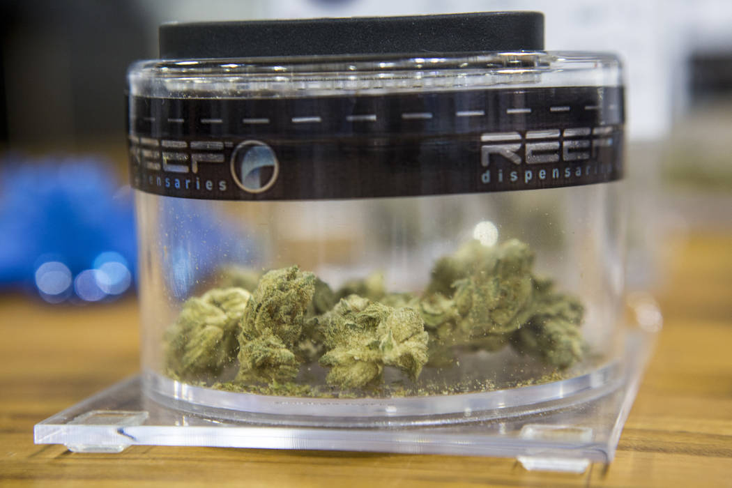 Marijuana buds of the strain &quot;Red Eye OG&quot; in a jar at Reef Dispensaries near the Las Vegas Strip on Thursday, June 29, 2017.  Patrick Connolly Las Vegas Review-Journal @PConnPie
