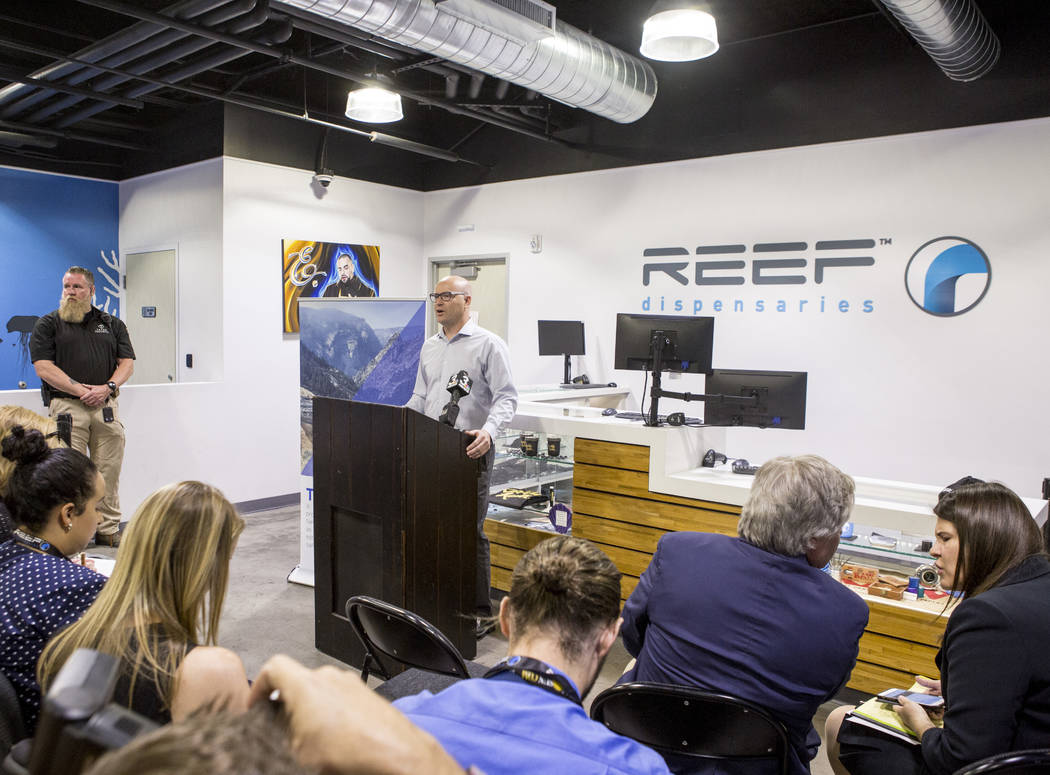 Andrew Jolley, president of the Nevada Dispensary Association, during a press conference leading up to the start of recreational marijuana sales in Las Vegas, which begin July 1, at Reef Dispensar ...