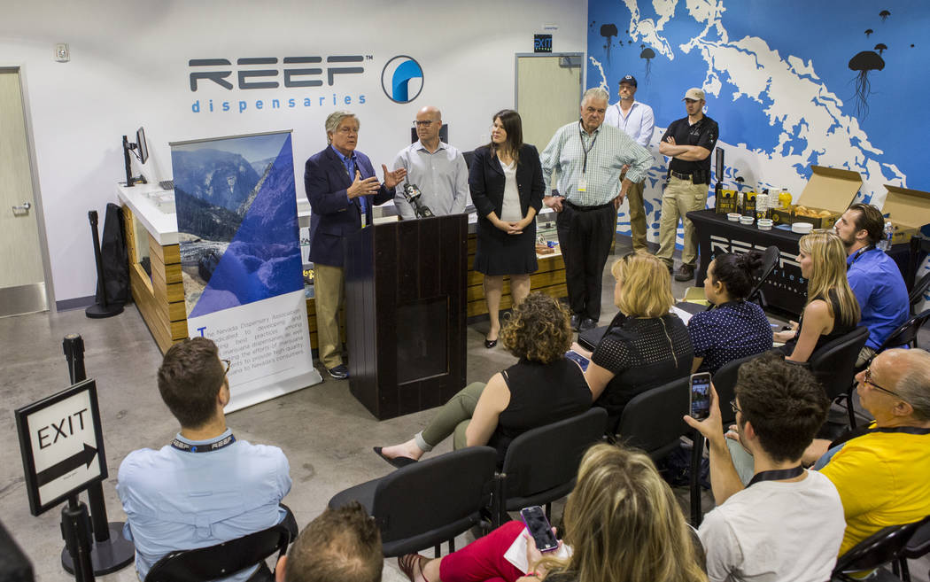 (left to right) Sen. Tick Segerblom, D-Las Vegas, Andrew Jolley, president of the Nevada Dispensary Association, Riana Durrett, the association's executive director, and Clark County Commission Ch ...