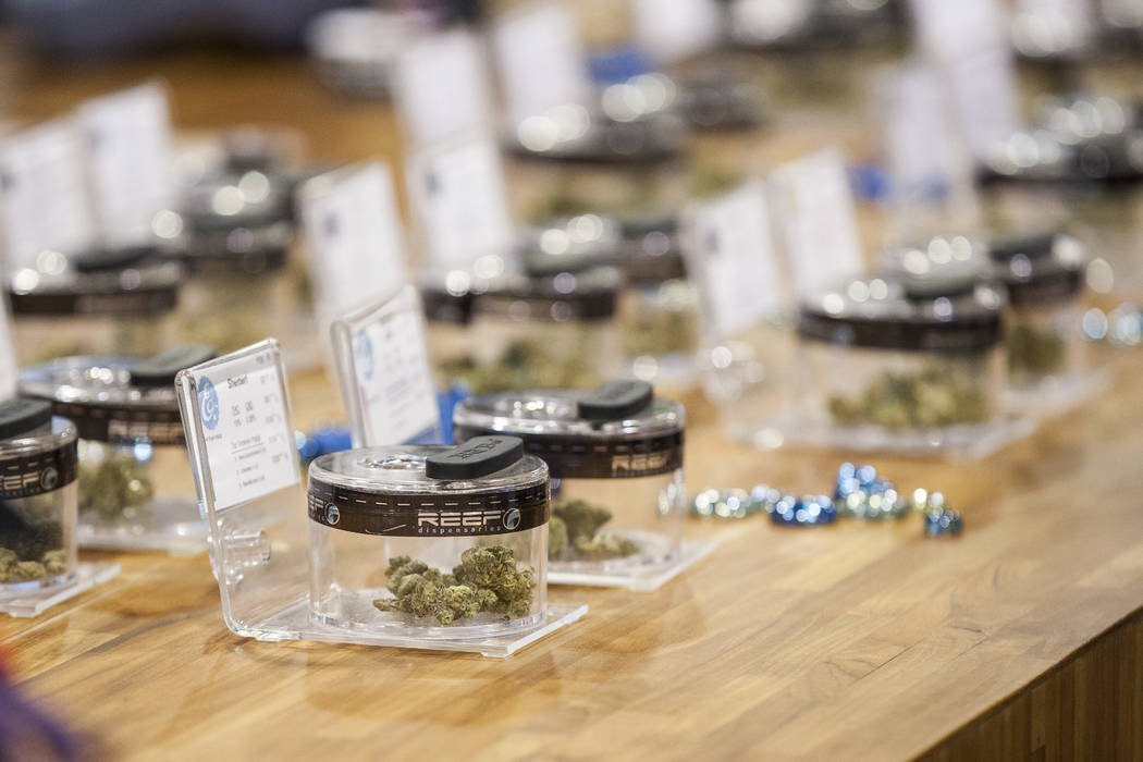 A selection of different marijuana strains at Reef Dispensaries near the Las Vegas Strip on Thursday, June 29, 2017.  Patrick Connolly Las Vegas Review-Journal @PConnPie