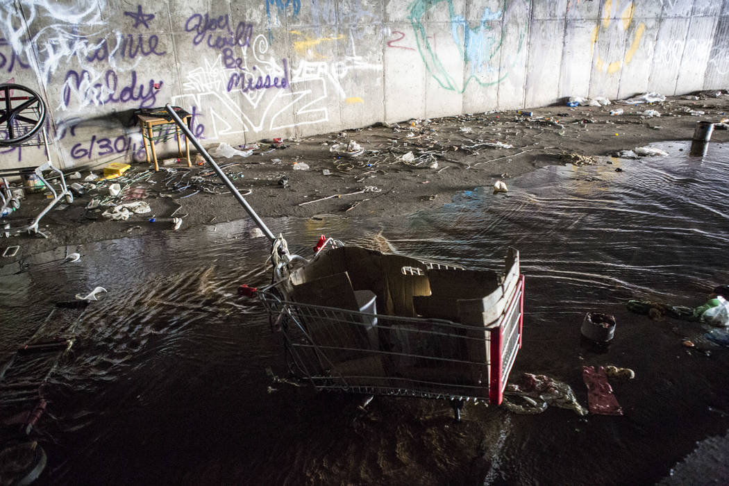 Discarded belongings sit in water in a flood tunnel near the Hard Rock hotel-casino on Tuesday, June 27, 2017.  Patrick Connolly Las Vegas Review-Journal @PConnPie