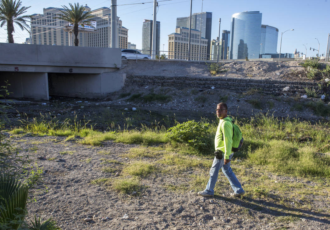 HELP of Southern Nevada employee Louis Lacey, the Mobile Crisis Intervention Team manager, prepares to enter a flood tunnel near the Rio hotel-casino on Thursday, June 29, 2017. Patrick Connolly ...