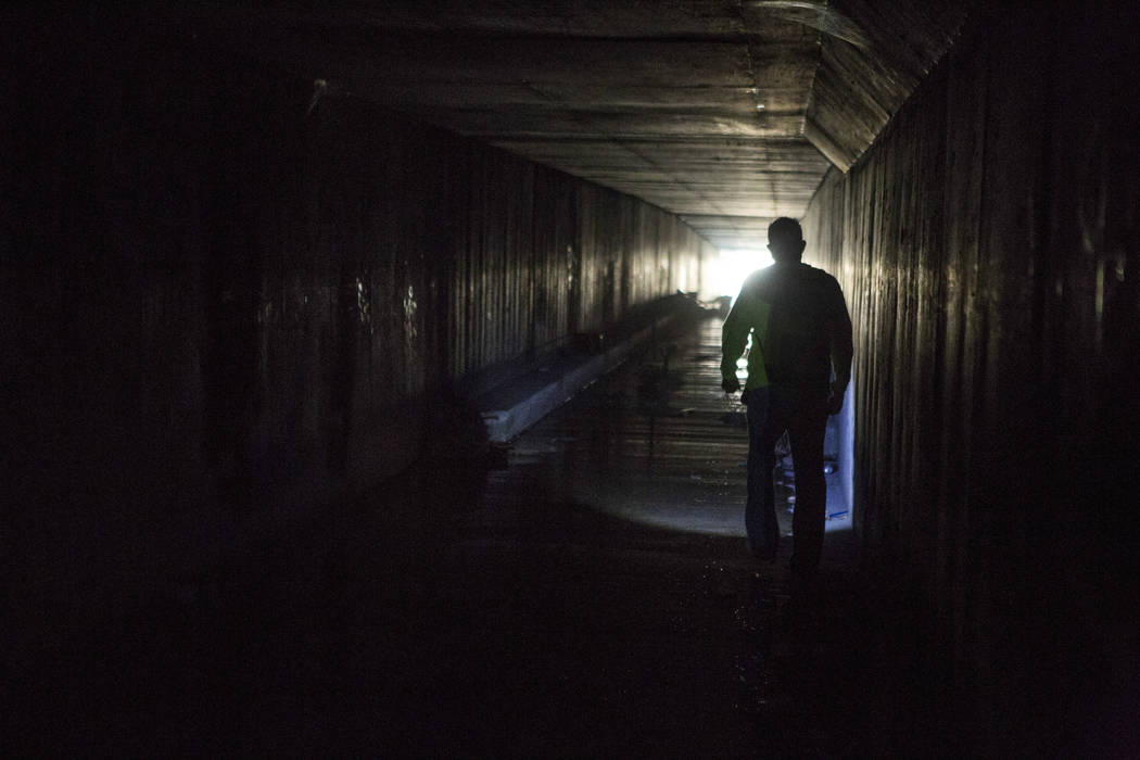 HELP of Southern Nevada employee Louis Lacey, the Mobile Crisis Intervention Team manager, exits a flood tunnel near the Rio casino-hotel on Thursday, June 29, 2017. Patrick Connolly Las Vegas Re ...