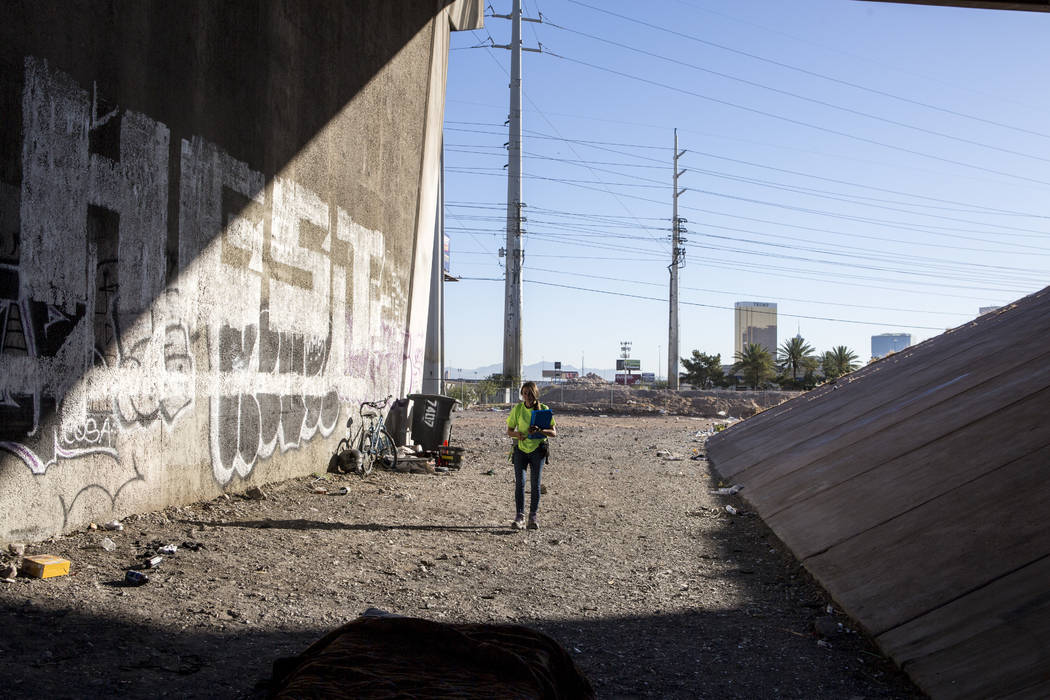 HELP of Southern Nevada employee Louis Hayli Petcoff, a Mobile Crisis Intervention Team peer advocate, walks beneath an Interstate 15 overpass near the Rio hotel-casino on Thursday, June 29, 2017. ...