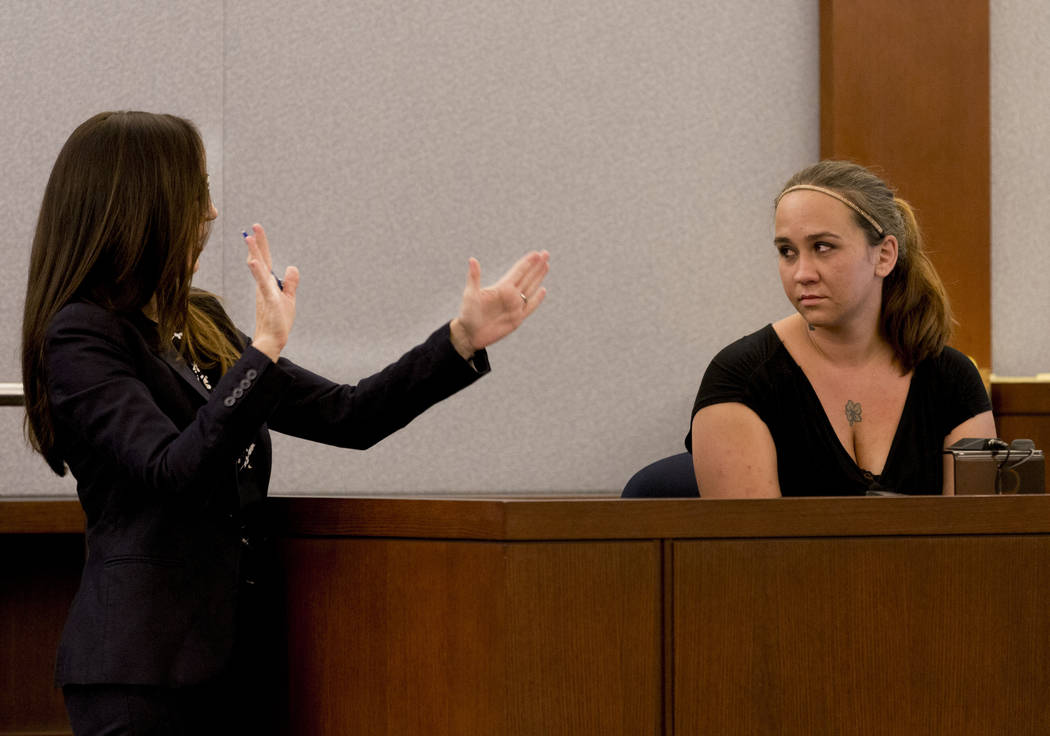 Prosecutor Jacqueline Bluth, left, and Rachel Gaskins, daughter of one of Thomas Randolph's wives, the late Francis Randolph, testifies during Thomas Randolph's trial at the Regional Justice Cente ...