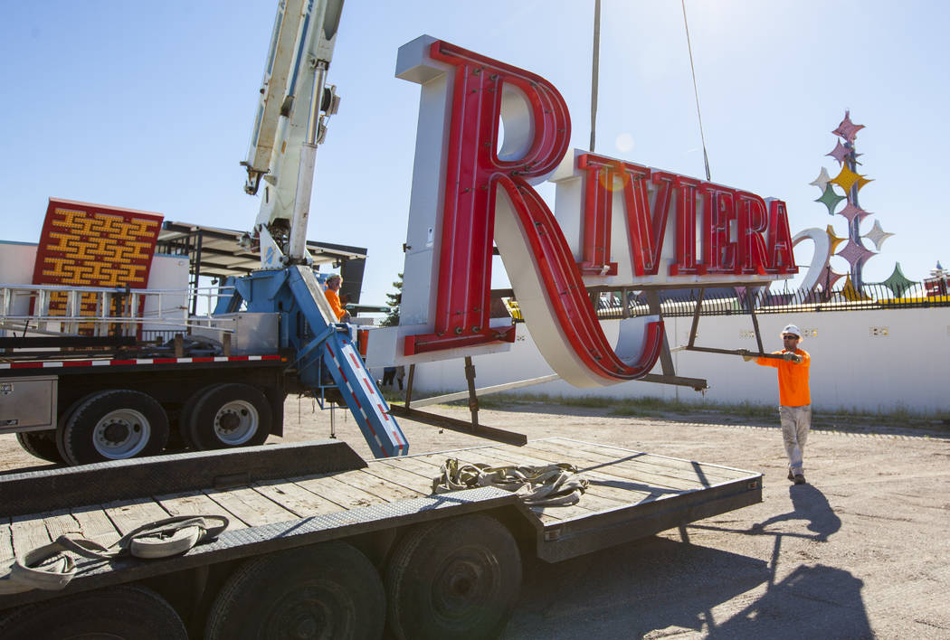 A Riviera hotel-casino sign that was kept in storage is delivered to the Neon Museum in Las Vegas on Friday, May 19, 2017. The sign is one of approximately 30 in storage slated to be installed for ...