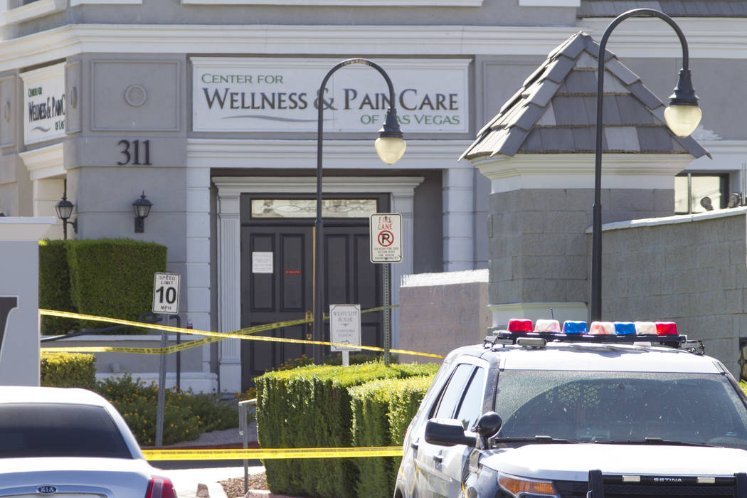 Las Vegas police investigate a shooting at a wellness and pain care facility at 311 North Buffalo Drive in Las Vegas on Thursday, June 29, 2017. Richard Brian Las Vegas Review-Journal @vegasphotograph