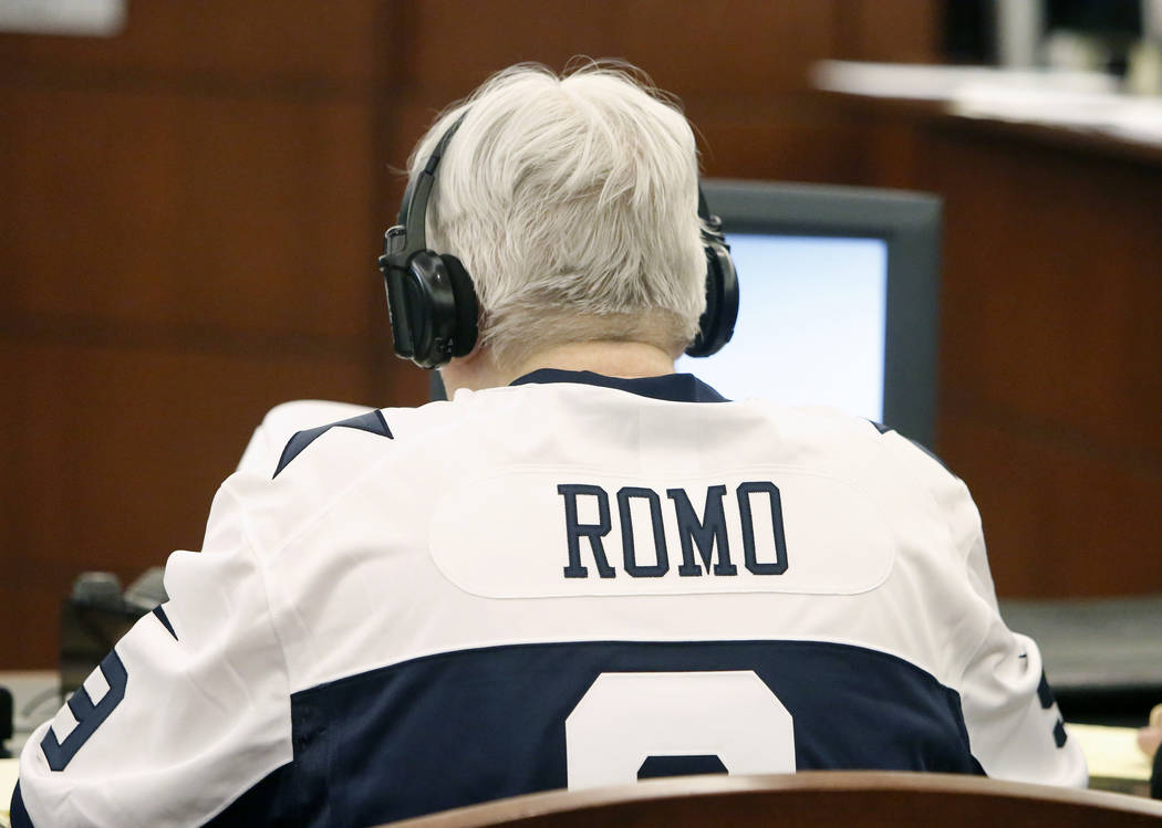 Thomas Randolph, who is found guilty on two counts of murder and one count of conspiracy to commit murder, appears in court, wearing a Tony Romo jersey, during his death penalty phase trial at the ...