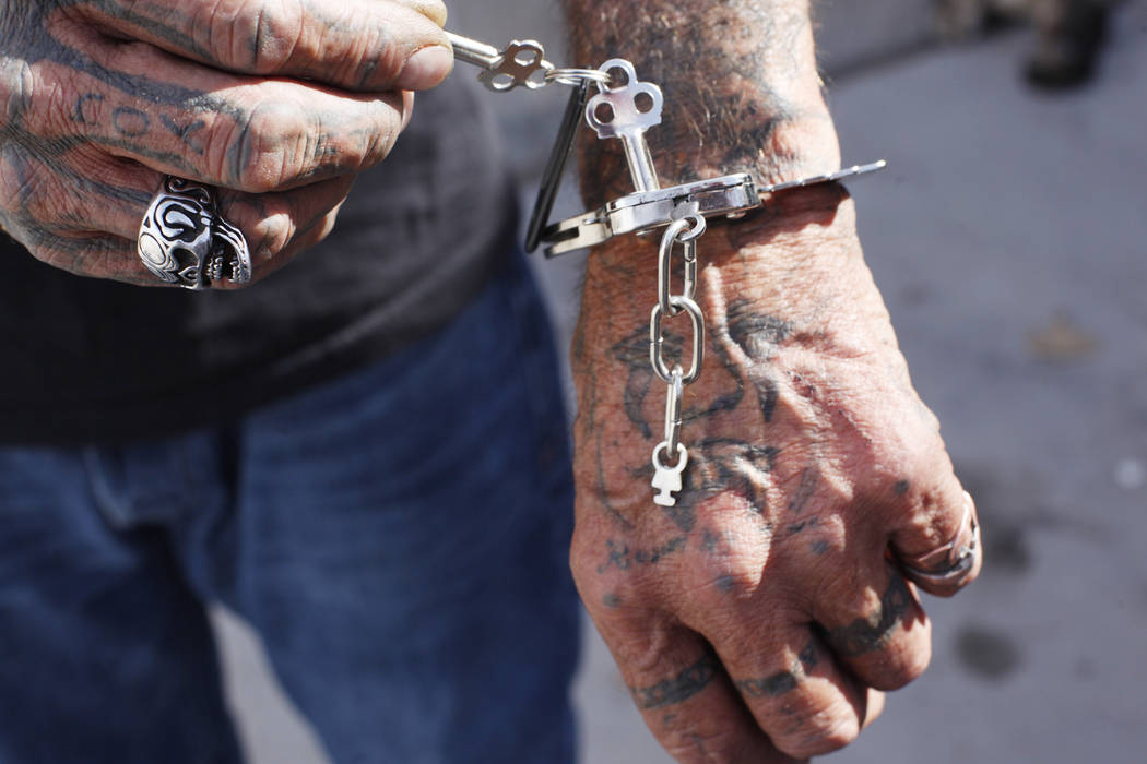 &quot;Spike&quot; shows off his handcuff bracelet at an entrance of the flood tunnels on Tuesday, May 16, 2017, in Las Vegas. Rachel Aston Las Vegas Review-Journal @rookie__rae