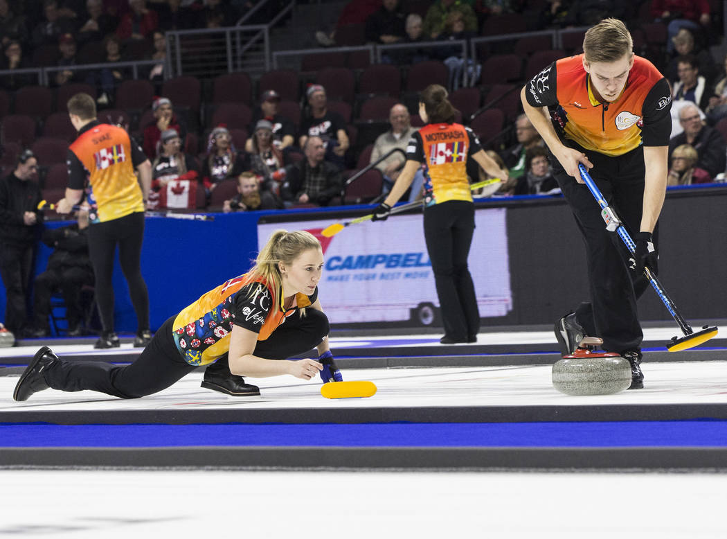 Sara McManus, left, and Christoffer Sundgren compete in mixed doubles during the 2017 World Financial Group Continental Cup on Friday, Jan. 13, 2017, at the Orleans Arena, in Las Vegas. Benjamin H ...
